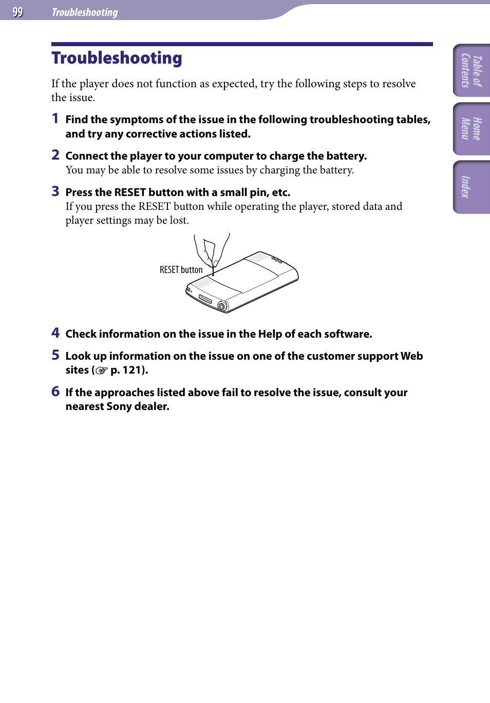 Troubleshooting | Sony NWZ-S544 User Manual | Page 99 / 134