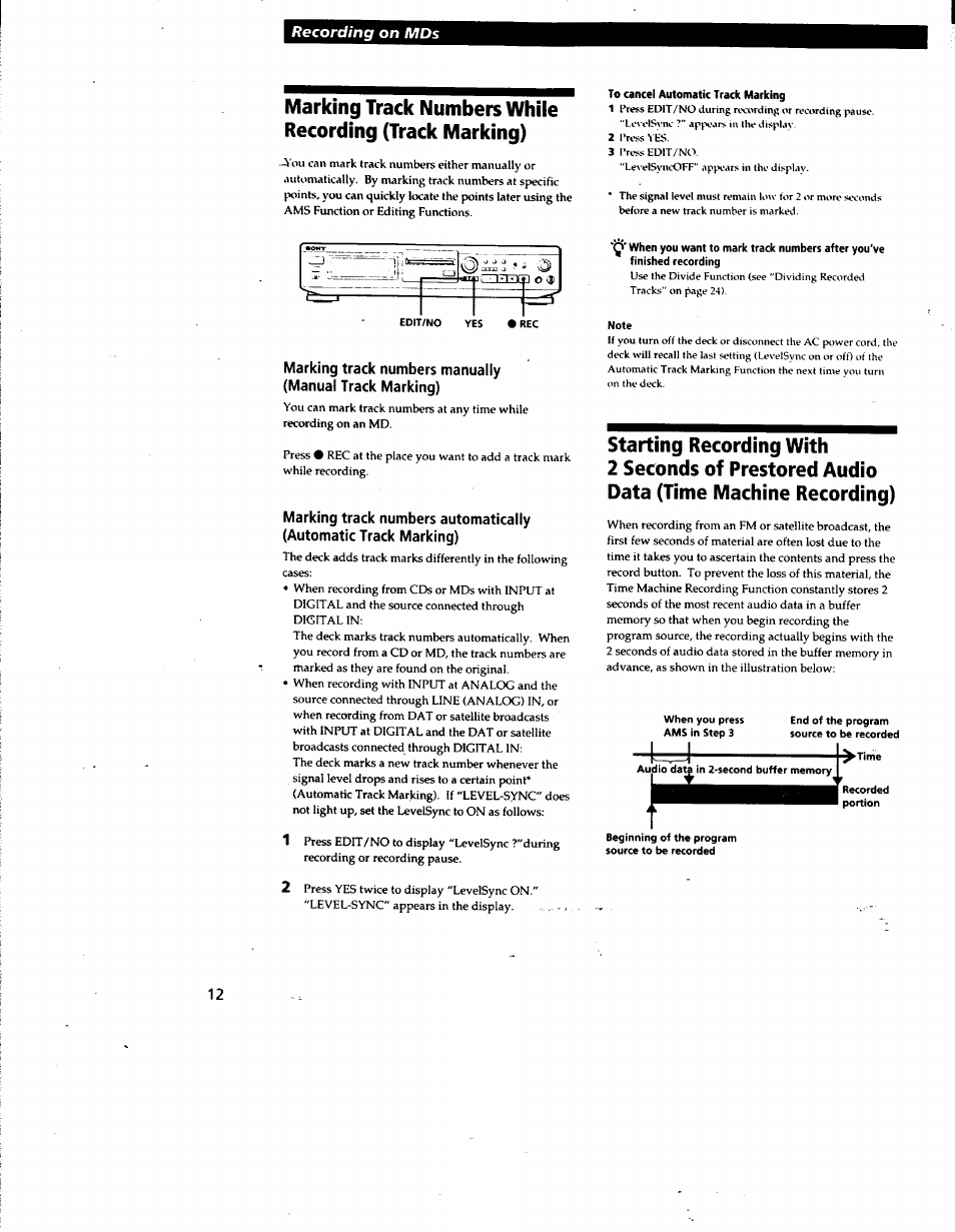 To cancel automatic track marking, Note | Sony MDS-JE510 User Manual | Page 12 / 37