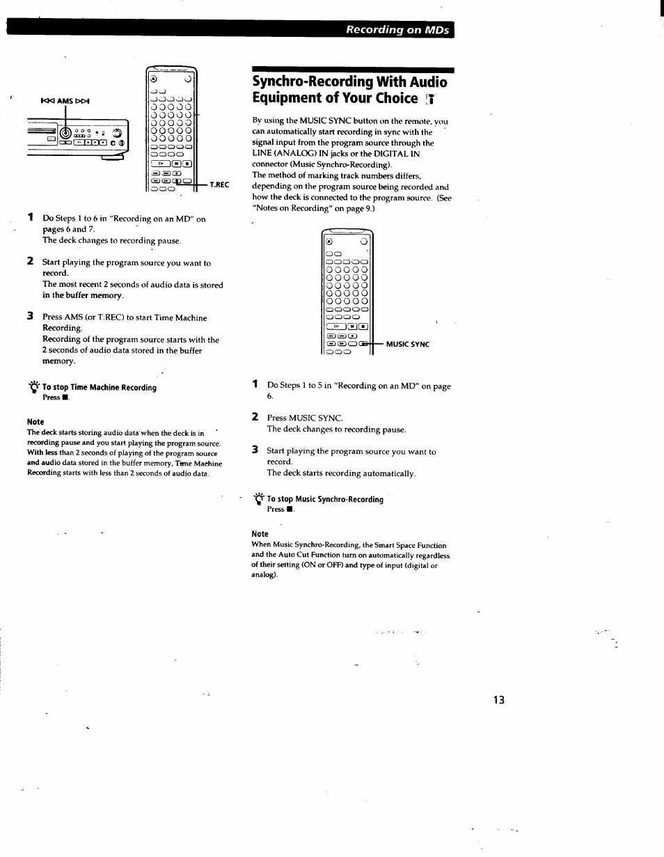 Q' to stop time machine recording, Note, Synchro-recording with audio | Equipment of your choice, Y to stop music synchro-recording | Sony MDS-JE510 User Manual | Page 13 / 37