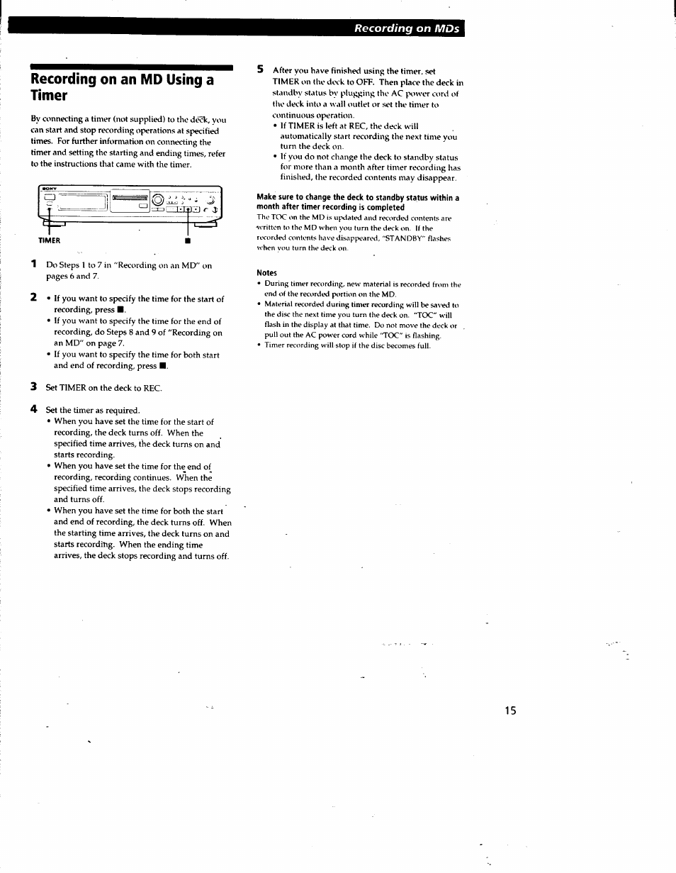 Recording on an md using a timer, Timer, Notes | Sony MDS-JE510 User Manual | Page 17 / 37