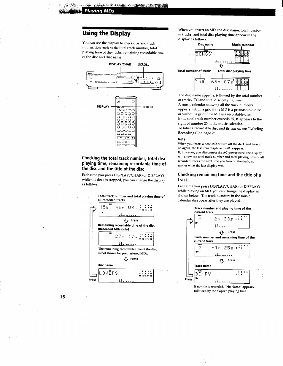 Using the display, Checking remaining time and the title of a track | Sony MDS-JE510 User Manual | Page 18 / 37