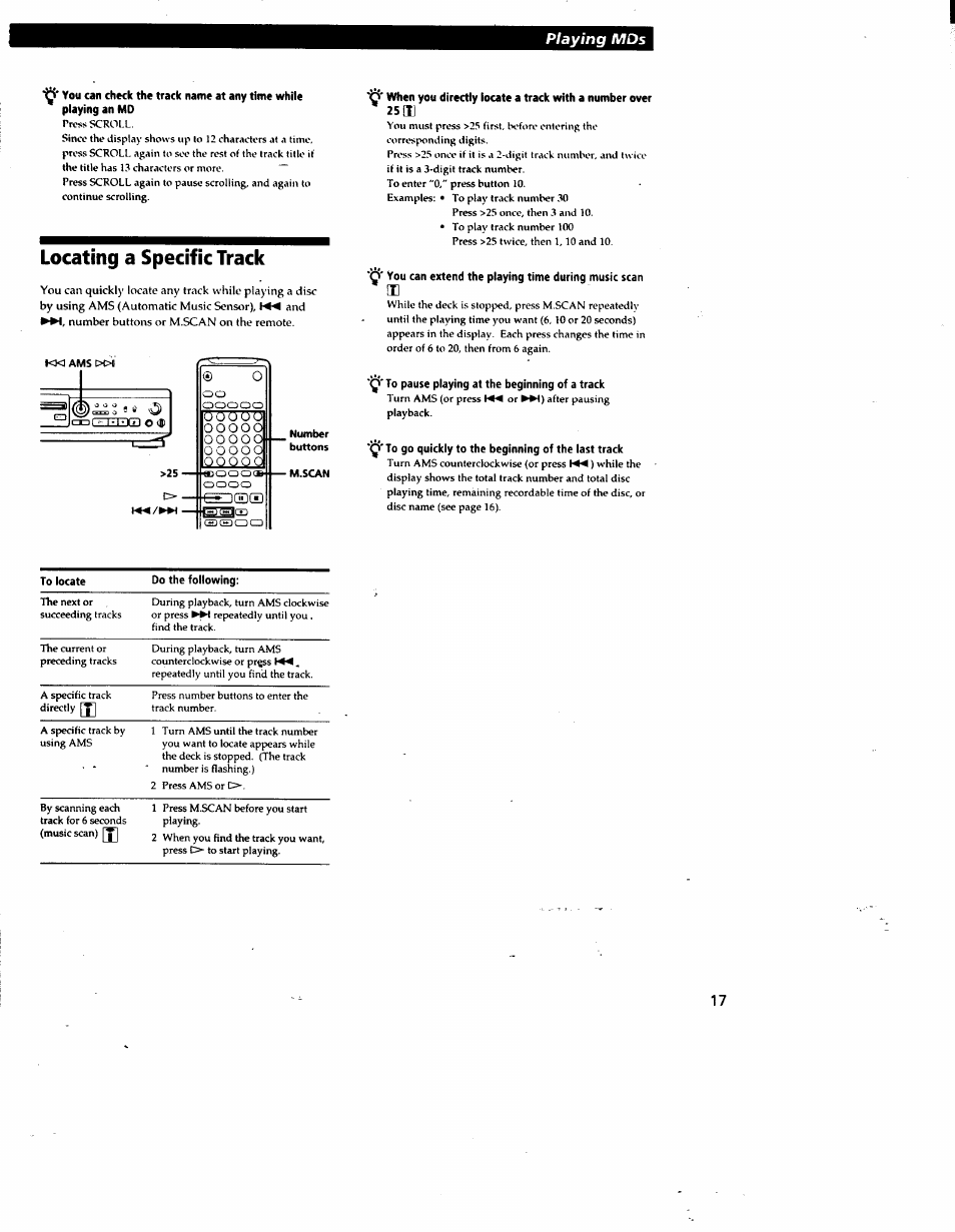 Locating a specific track, V' to pause playing at the beginning of a track, Y'to go quickly to the beginning of the last track | Sony MDS-JE510 User Manual | Page 19 / 37