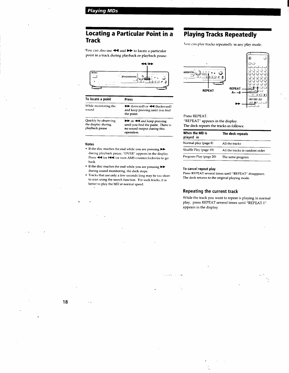 Locating a particular point in a track, Notes, Playing tracks repeatedly | To cancel repeat play, Repeating the current track | Sony MDS-JE510 User Manual | Page 20 / 37