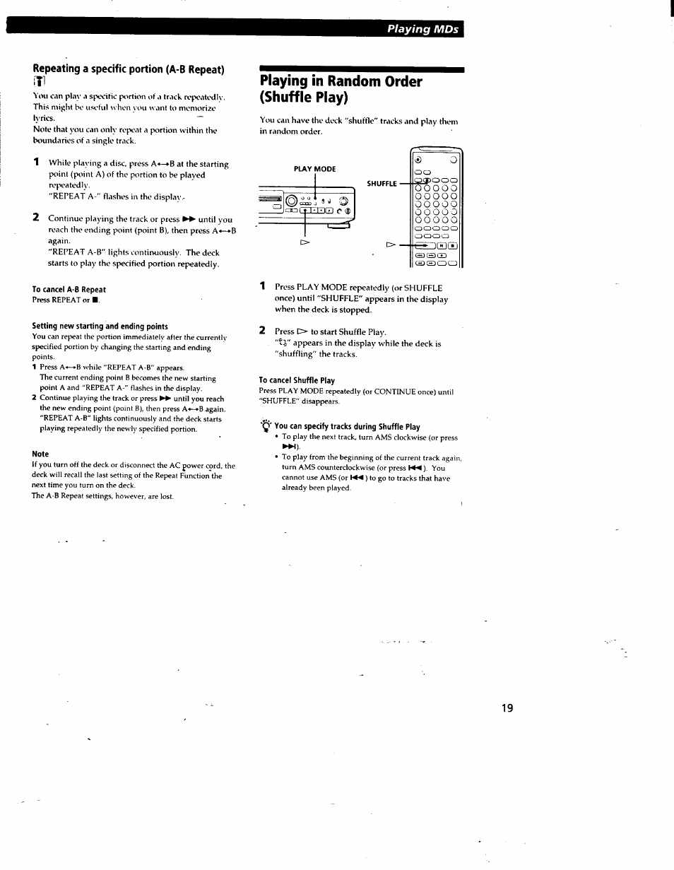 Repeating a specific portion (a-b repeat), Playing in random order (shuffle play), To cancel a*6 repeat | Setting new starting and ending points, Note, To cancel shuffle play, Q' you can specify tracks during shuffle play | Sony MDS-JE510 User Manual | Page 21 / 37