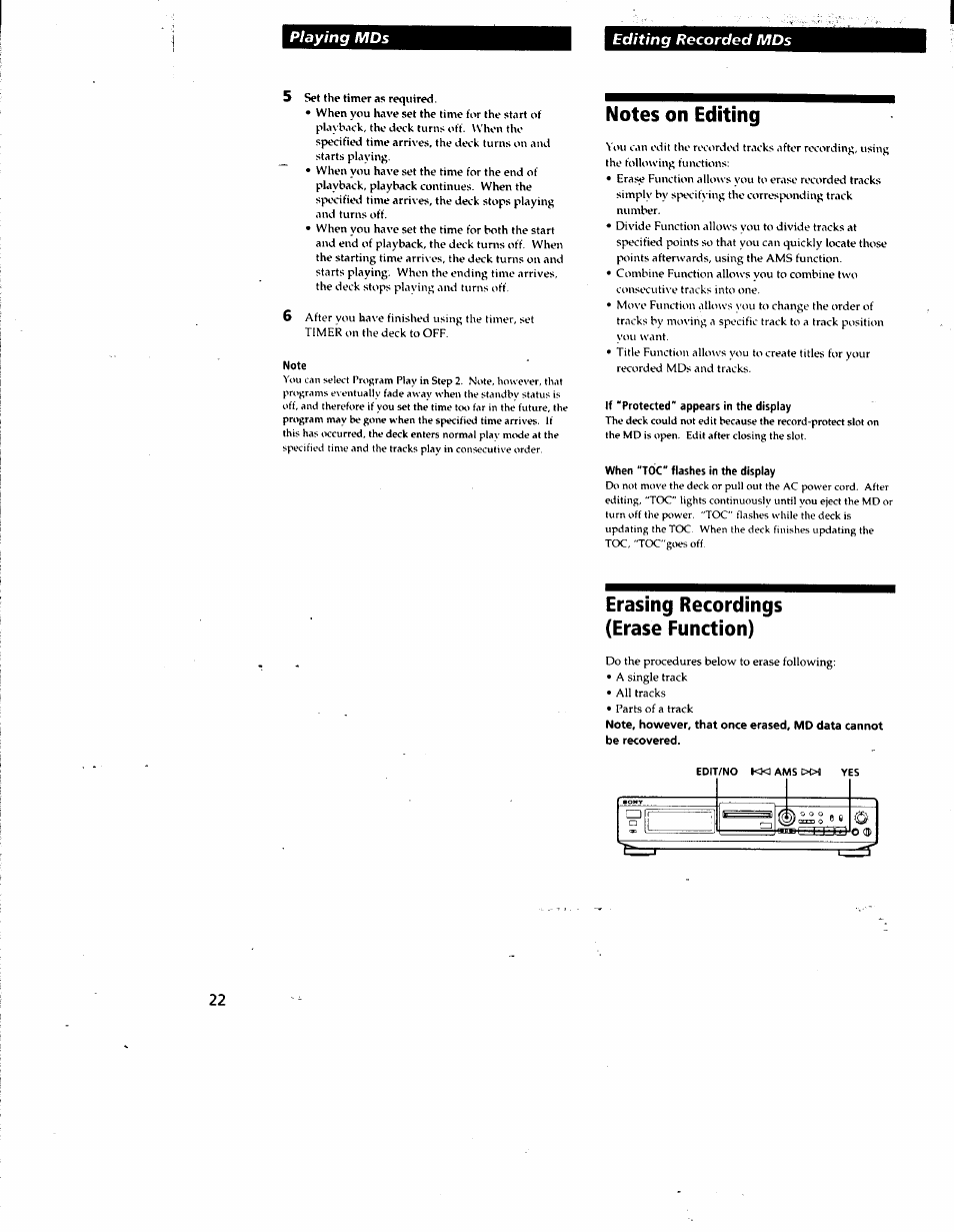 Note, Notes on editing, If "protected" appears in the display | When "toc" flashes in the display, Erasing recordings (erase function) | Sony MDS-JE510 User Manual | Page 24 / 37