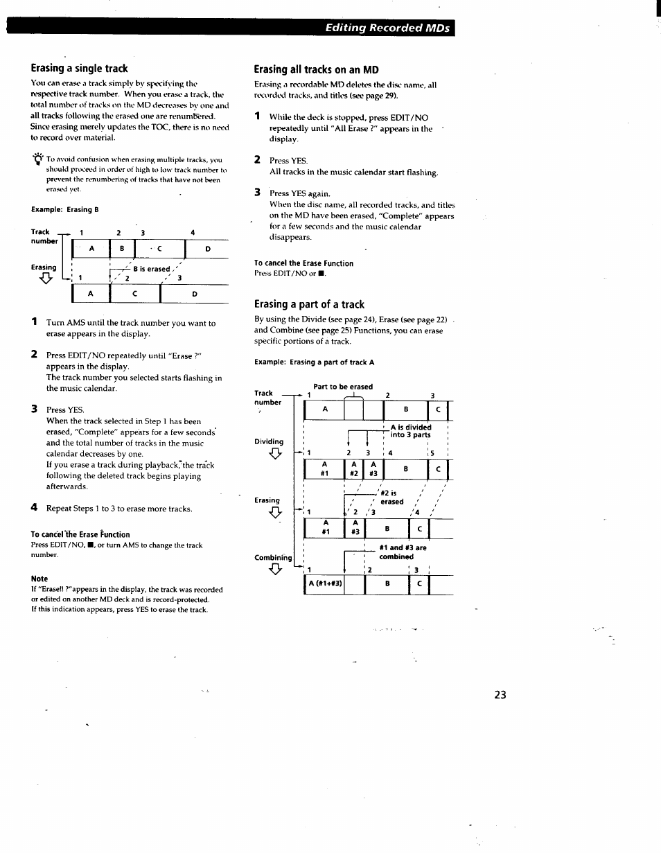 Erasing a single track, To cancerthe erase function, Note | Erasing all tracks on an md, To cancel the erase function, Erasing a part of a track | Sony MDS-JE510 User Manual | Page 25 / 37