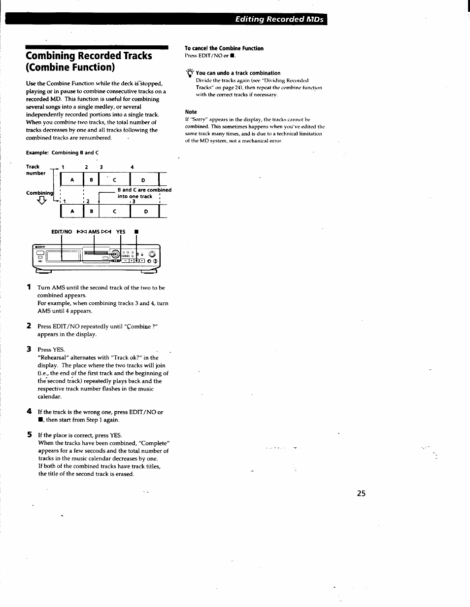 Combining recorded tracks (combine function), To cancel the combine function, You can undo a track combination | Note | Sony MDS-JE510 User Manual | Page 27 / 37