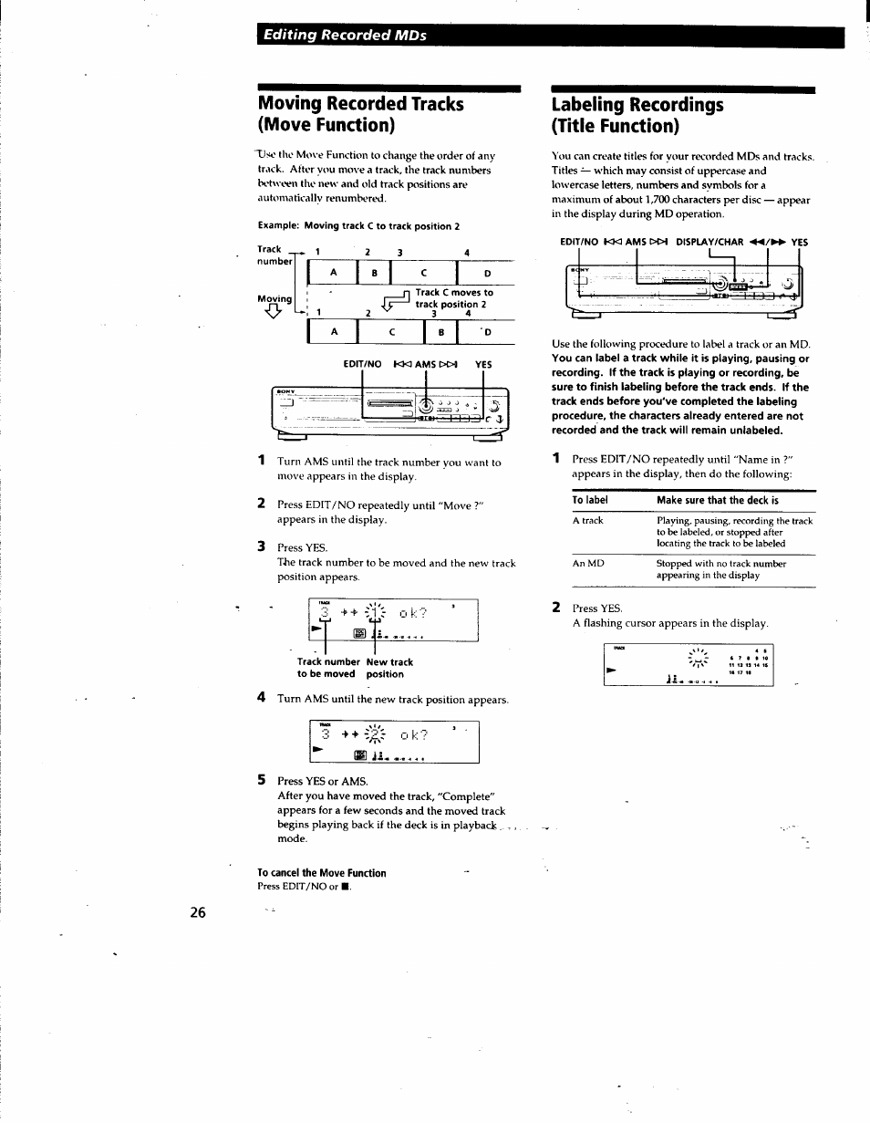 Moving recorded tracks (move function), Labeling recordings (title function), Labeling recordings (title function) .i | Sony MDS-JE510 User Manual | Page 28 / 37