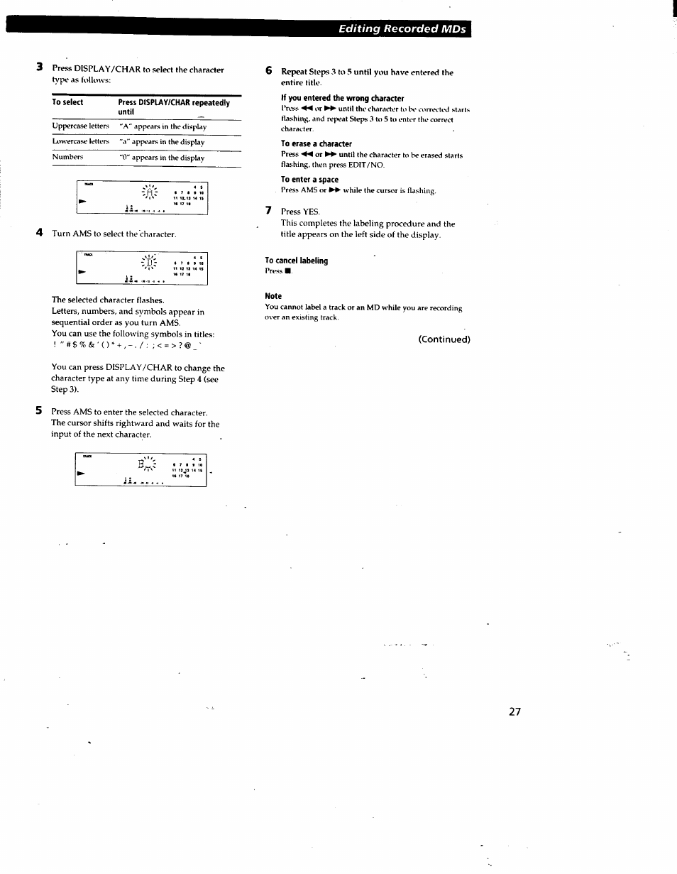 If you entered the wrong character, To erase a character, To enter a space | To cancel labeling, Note, Editing recorded mds | Sony MDS-JE510 User Manual | Page 29 / 37