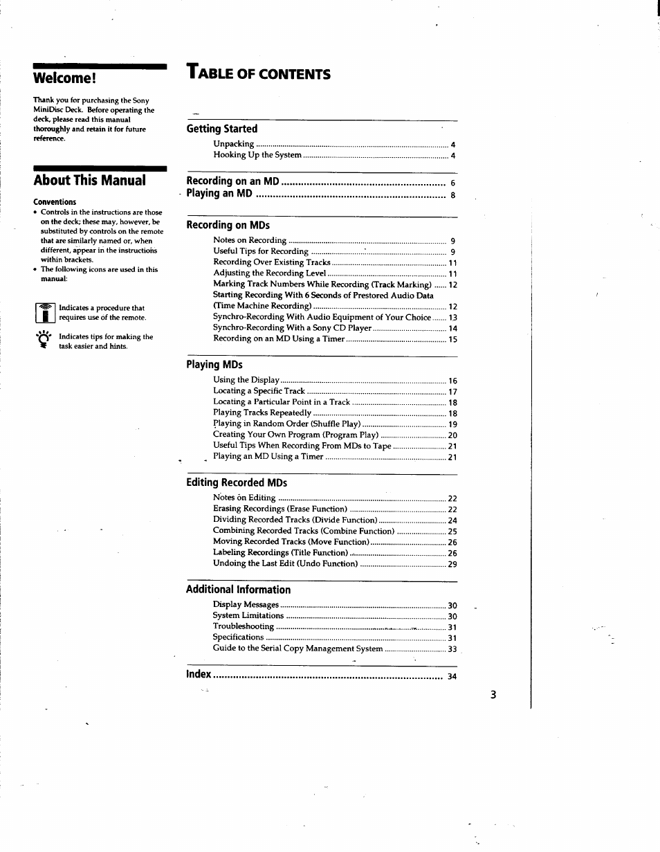 Welcome! t, About this manual | Sony MDS-JE510 User Manual | Page 3 / 37