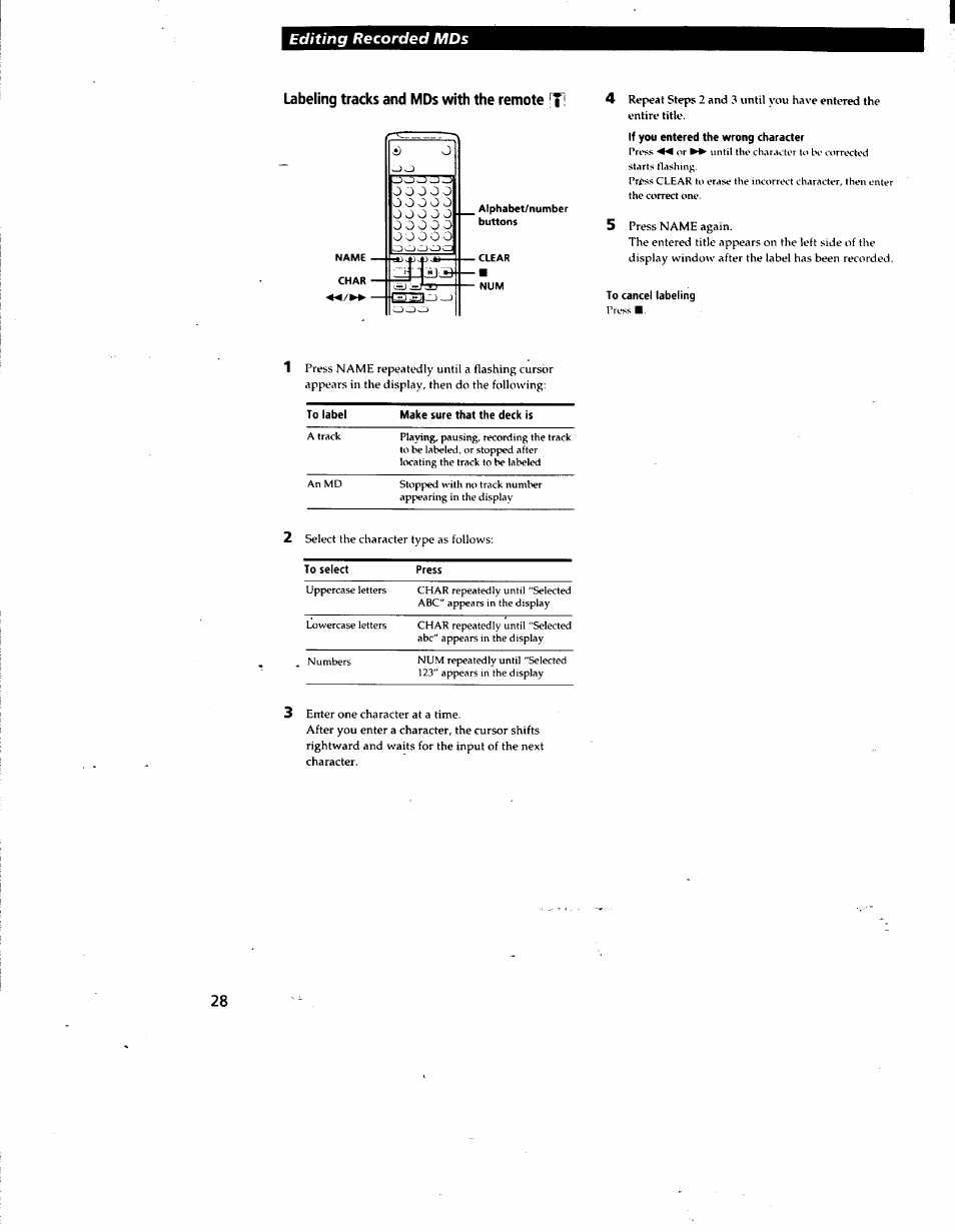 Labeling tracks and mds with the remote |t, If you entered the wrong character, To cancel labeling | Sony MDS-JE510 User Manual | Page 30 / 37