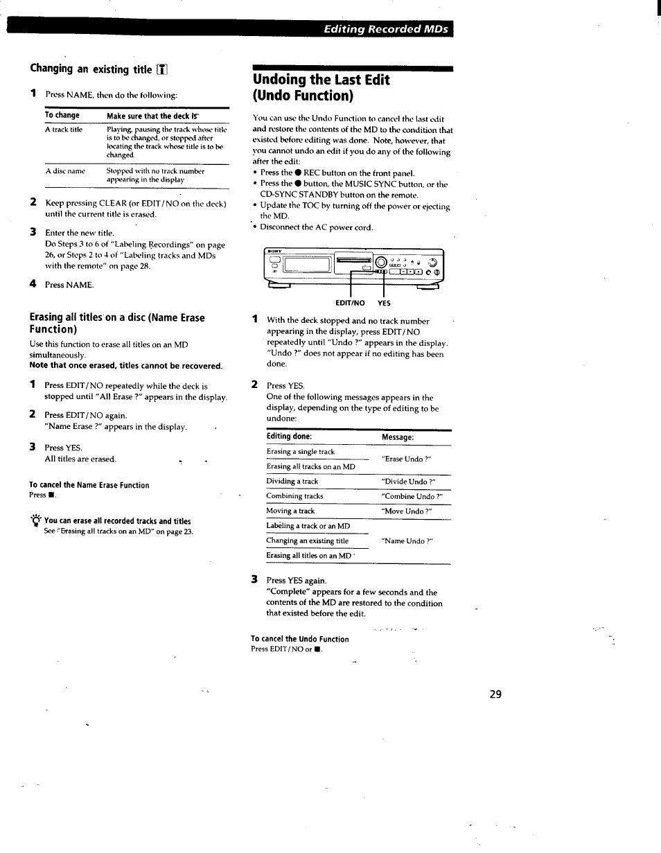 Changing an existing title [h, Erasing all titles on a disc (name erase function), Note that once erased, titles cannot be recovered | To cancel the name erase function, Y' you can erase all recorded tracks and titles, Undoing the last edit (undo function), To cancel the undo function | Sony MDS-JE510 User Manual | Page 31 / 37