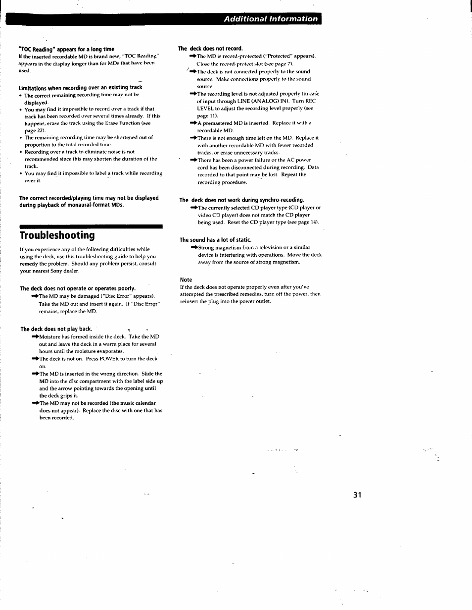 Toc reading" appears for a long time, Limitations when recording over an existing track, Troubleshooting | The deck does not operate or operates poorly, The deck does not record, The deck does not work during synchro-recoding, The sound has a lot of static, Note, The deck does not play back | Sony MDS-JE510 User Manual | Page 33 / 37