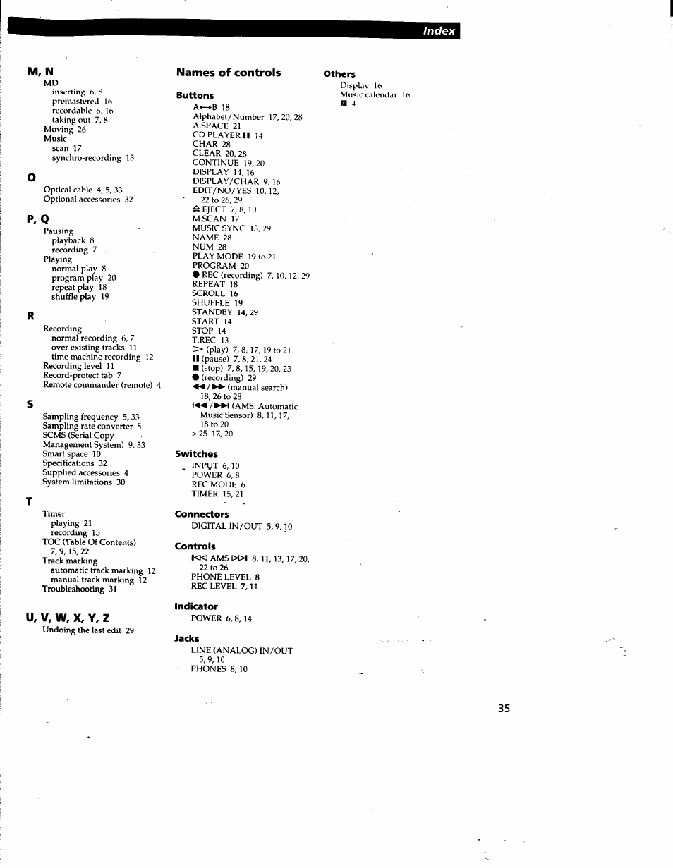 M, n, Names of controls, U, v, w, x, y, z | Sony MDS-JE510 User Manual | Page 37 / 37