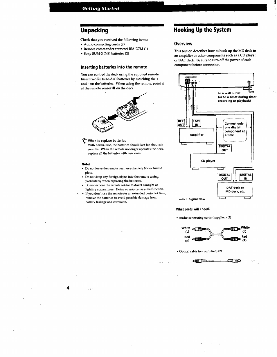 Inserting batteries into the remote, Y' when to replace batteries, Notes | Hooking up the system, Overview, What cords will i need, Unpacking | Sony MDS-JE510 User Manual | Page 4 / 37