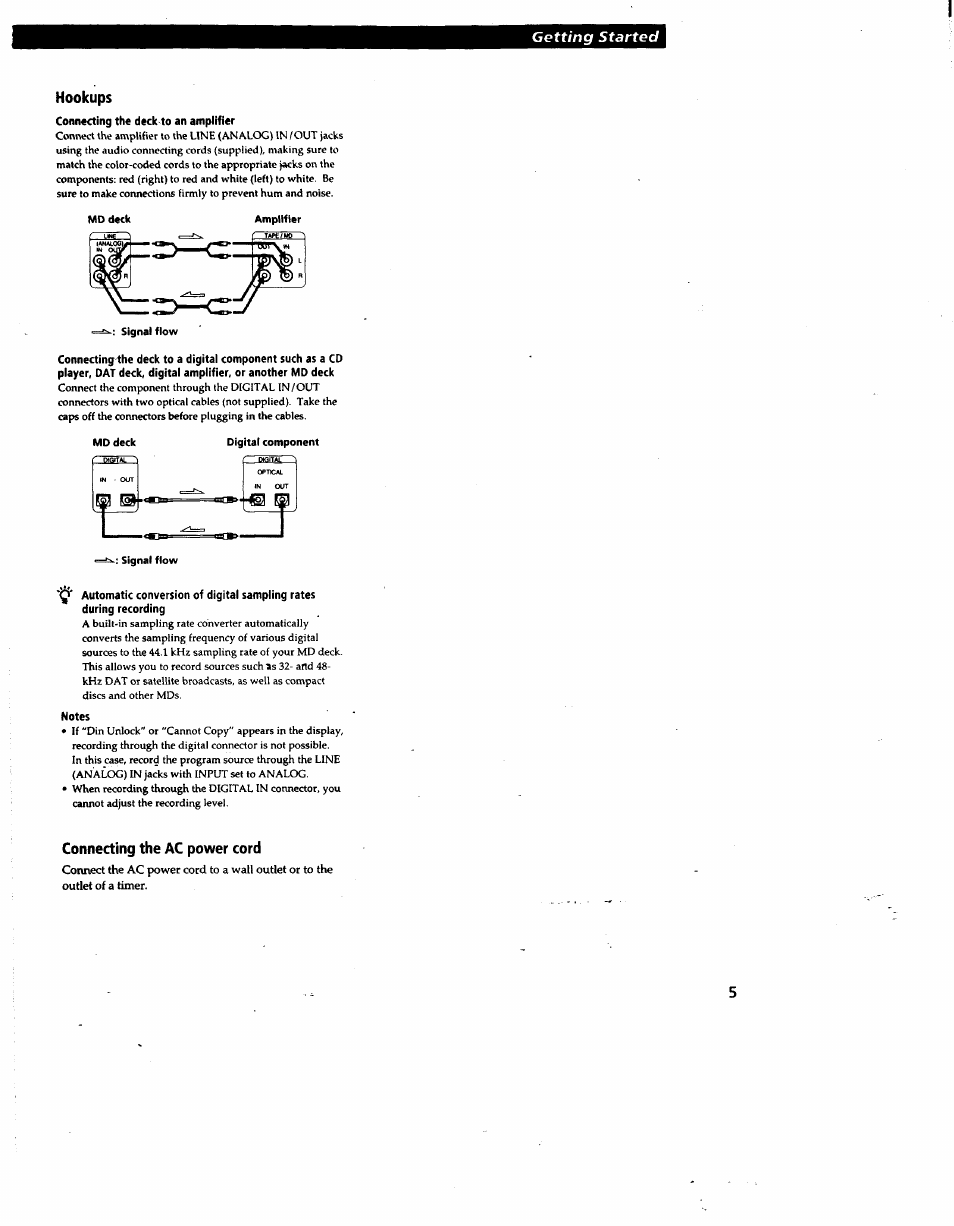 Hookups, Connecting the deck to an amplifier, Notes | Connecting the ac power cord | Sony MDS-JE510 User Manual | Page 5 / 37