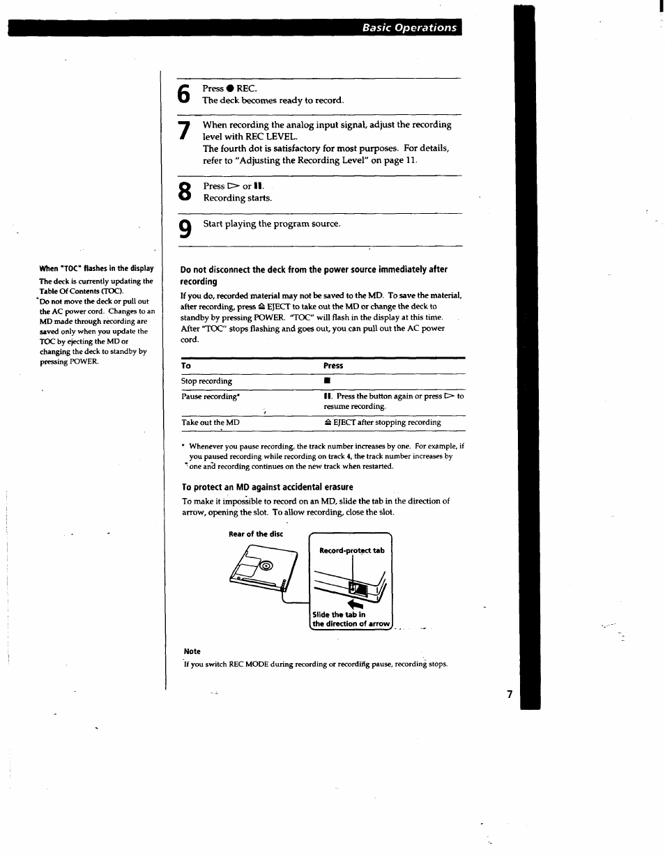 Press # rec, The deck becomes ready to record, Press o- or ii. recording starts | Start playing the program source | Sony MDS-JE510 User Manual | Page 7 / 37