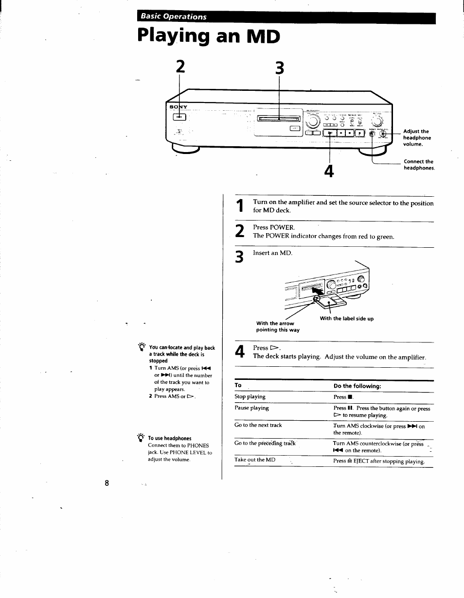 Playing an md | Sony MDS-JE510 User Manual | Page 8 / 37