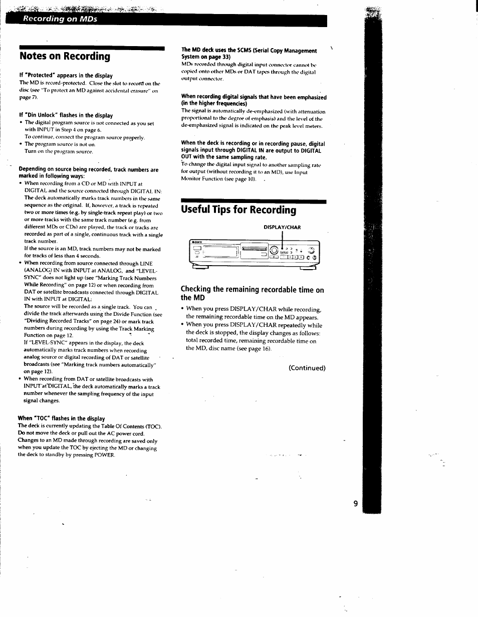 Notes on recording, Useful tips for recording, Checking the remaining recordable time on the md | Notes on recording useful tips for recording | Sony MDS-JE510 User Manual | Page 9 / 37