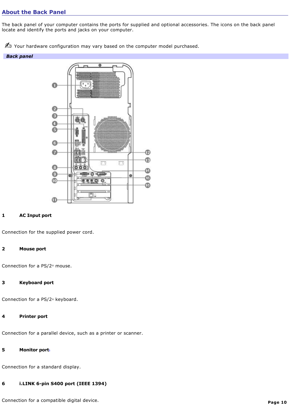 About the back panel | Sony PCV-RS600CG User Manual | Page 10 / 182