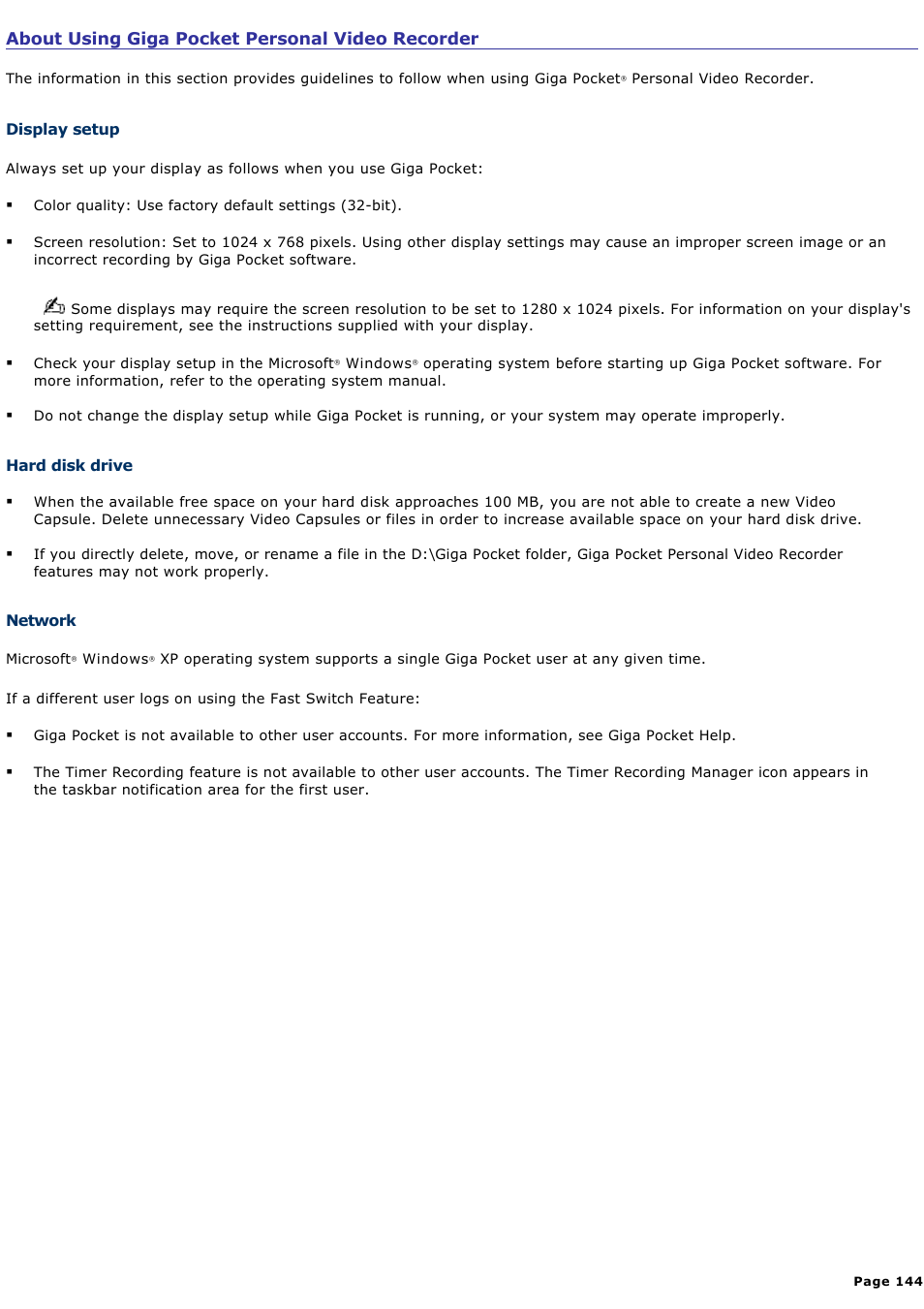 About using giga pocket personal video recorder | Sony PCV-RS600CG User Manual | Page 144 / 182