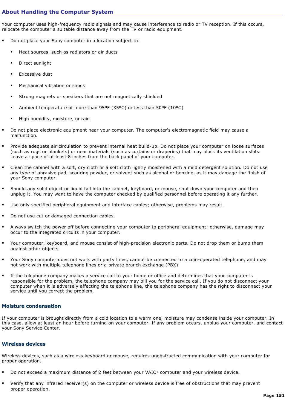 Moisture condensation | Sony PCV-RS600CG User Manual | Page 151 / 182