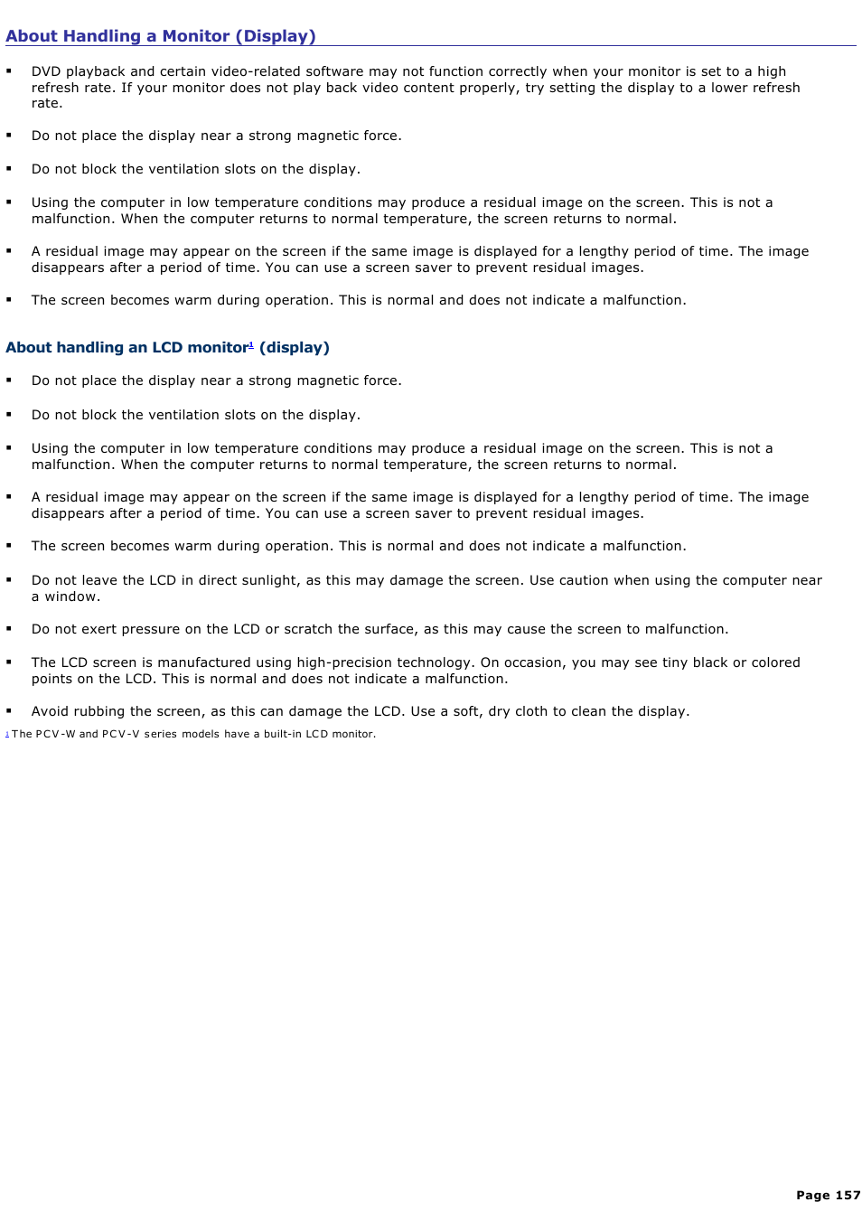 About handling a monitor (display) | Sony PCV-RS600CG User Manual | Page 157 / 182