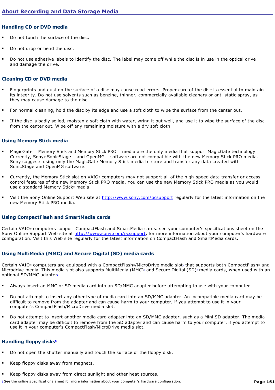 Handling cd or dvd media, About recording and data storage media | Sony PCV-RS600CG User Manual | Page 161 / 182