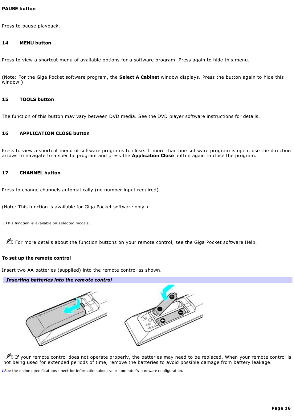 Sony PCV-RS600CG User Manual | Page 18 / 182