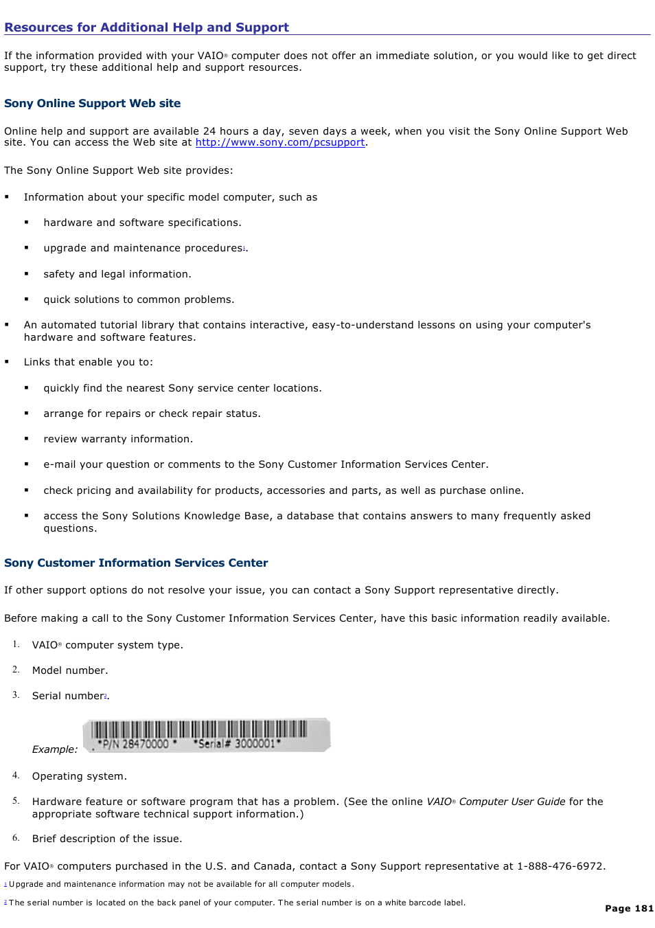 Sony online support web site, Resources for additional help and support | Sony PCV-RS600CG User Manual | Page 181 / 182