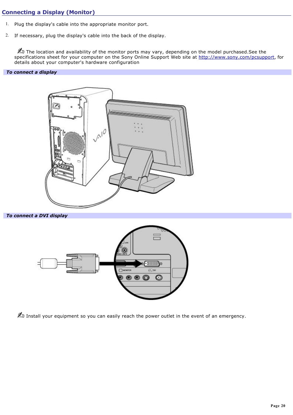 Connecting a display (monitor) | Sony PCV-RS600CG User Manual | Page 20 / 182