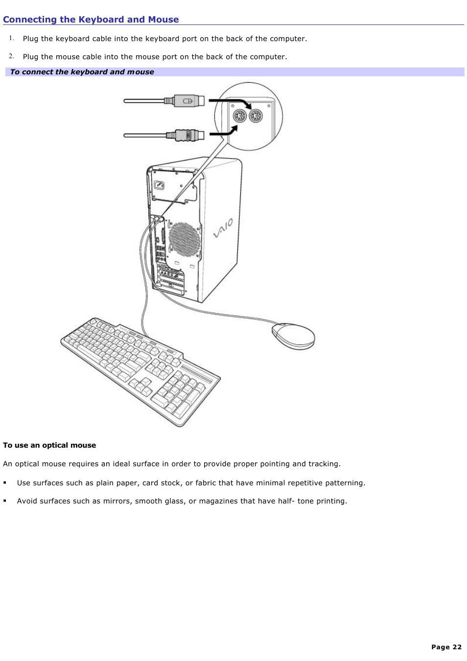 Connecting the keyboard and mouse | Sony PCV-RS600CG User Manual | Page 22 / 182