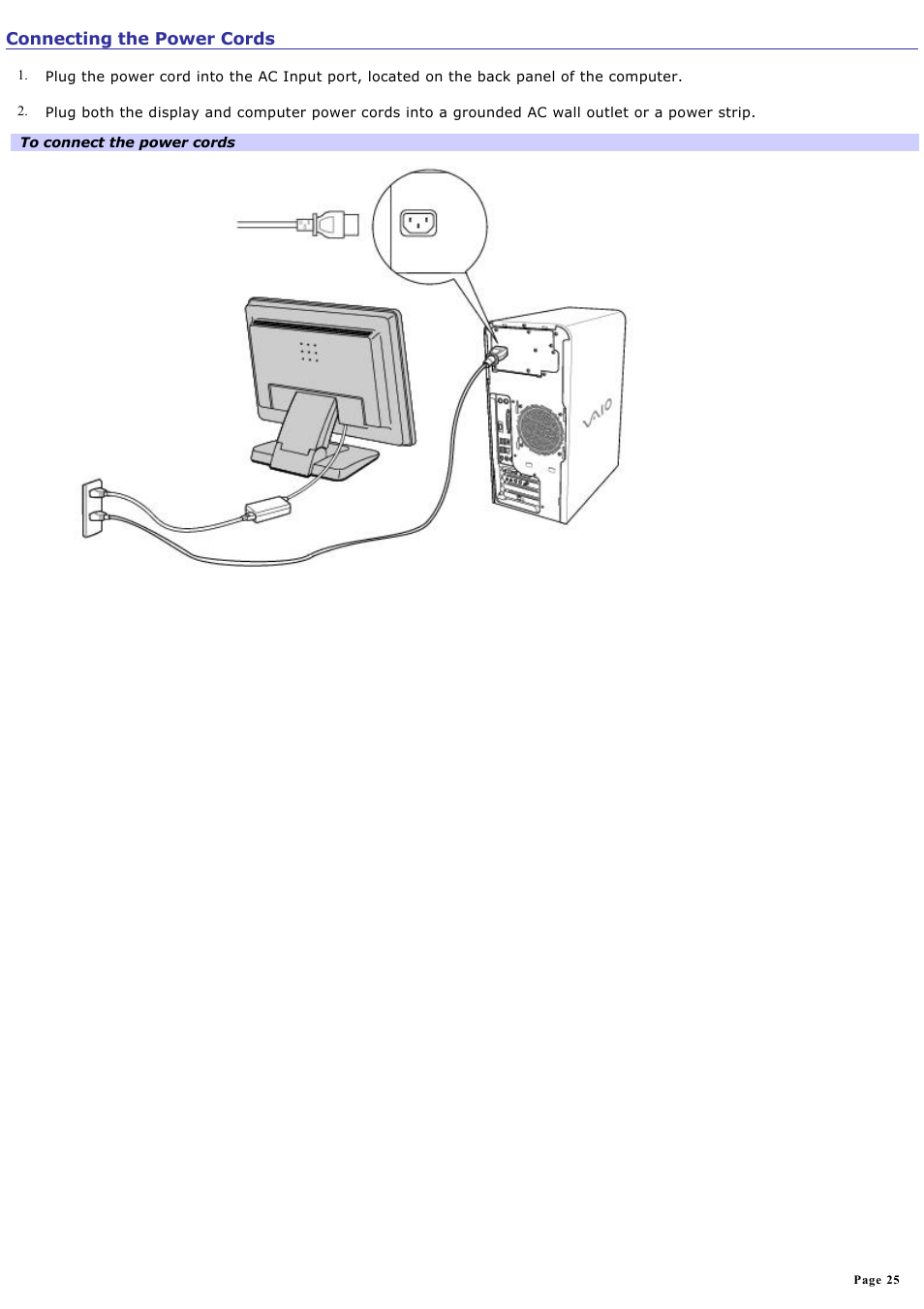 Connecting the power cords | Sony PCV-RS600CG User Manual | Page 25 / 182