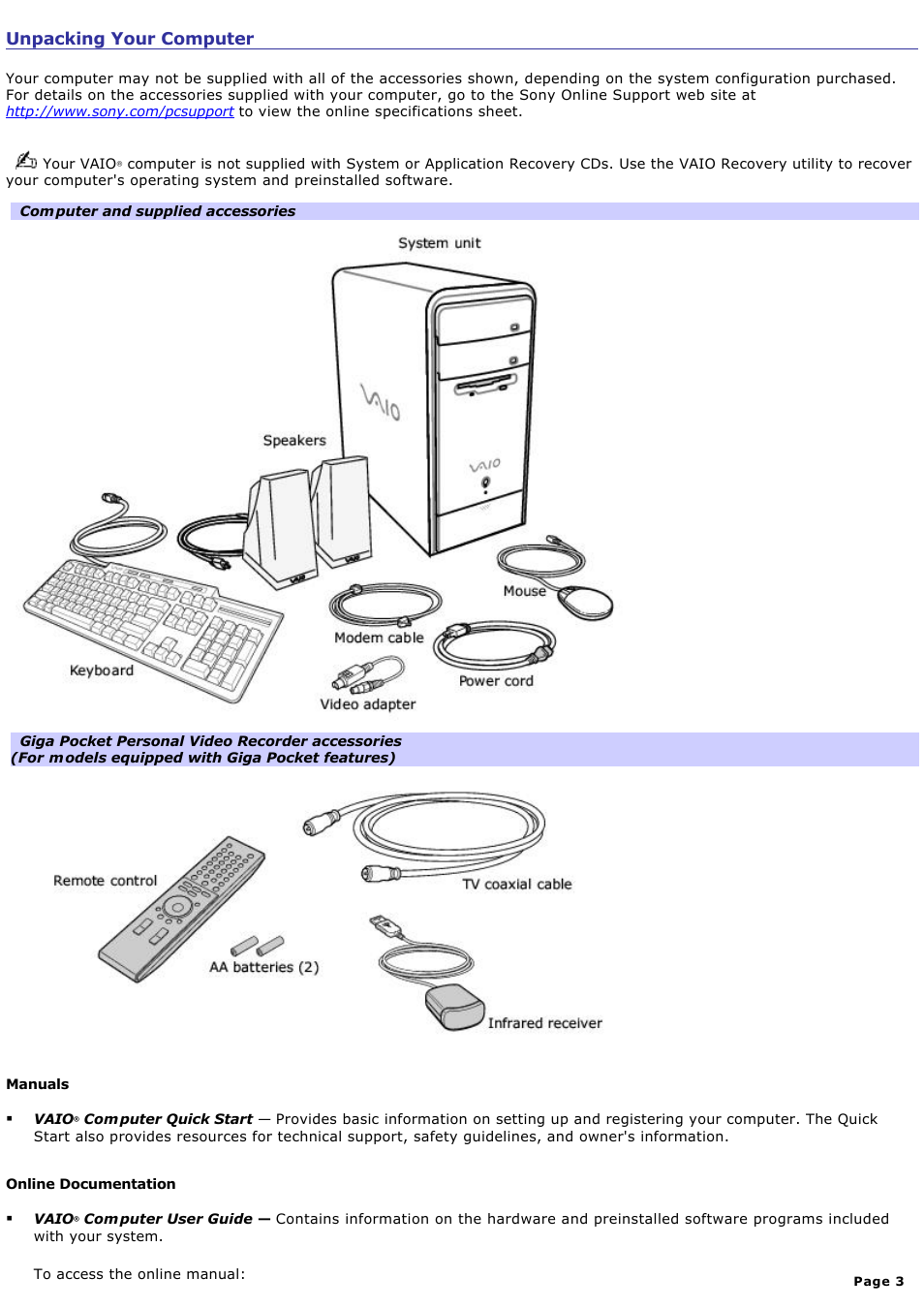 Unpacking your computer | Sony PCV-RS600CG User Manual | Page 3 / 182