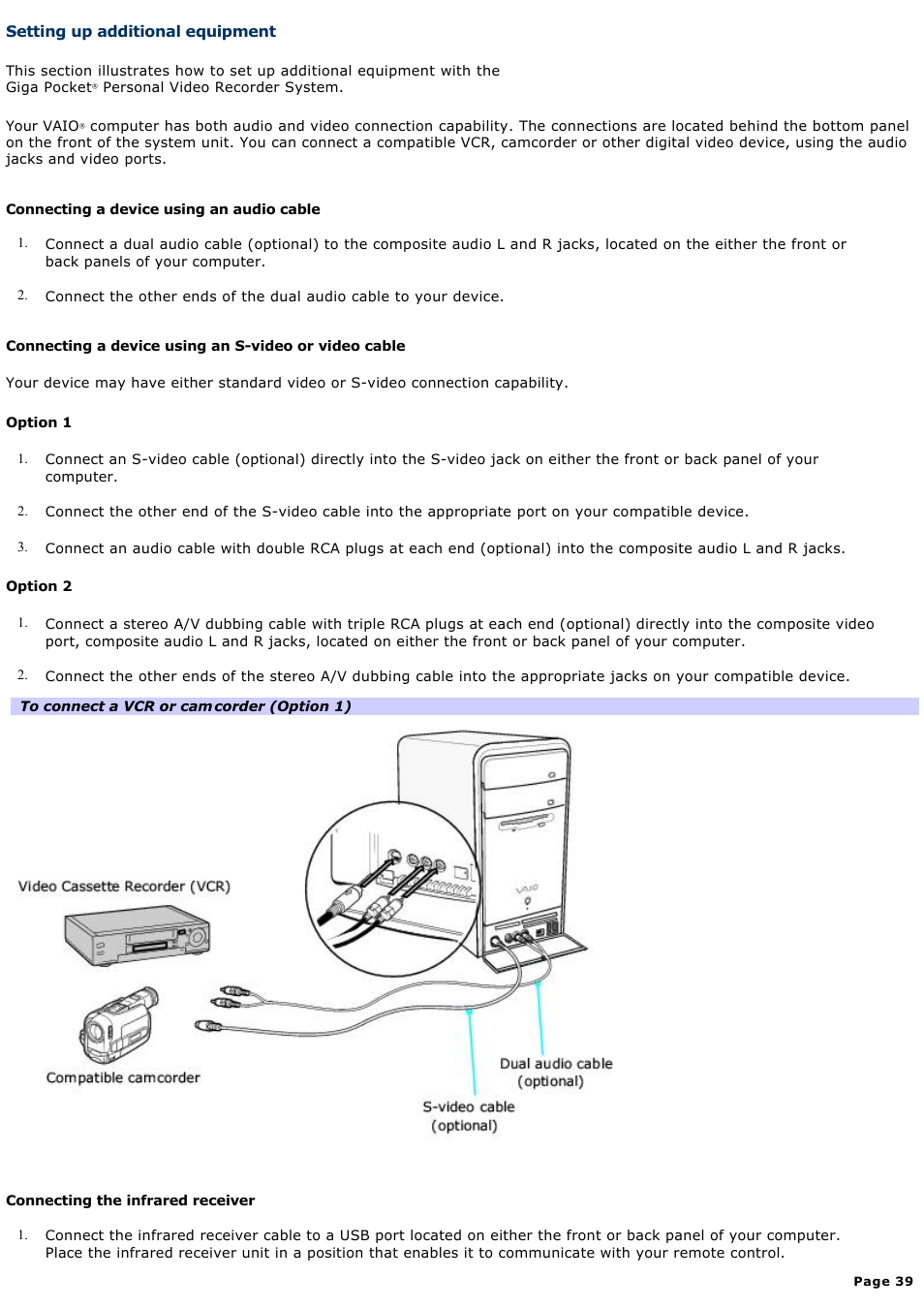 Setting up additional equipment | Sony PCV-RS600CG User Manual | Page 39 / 182