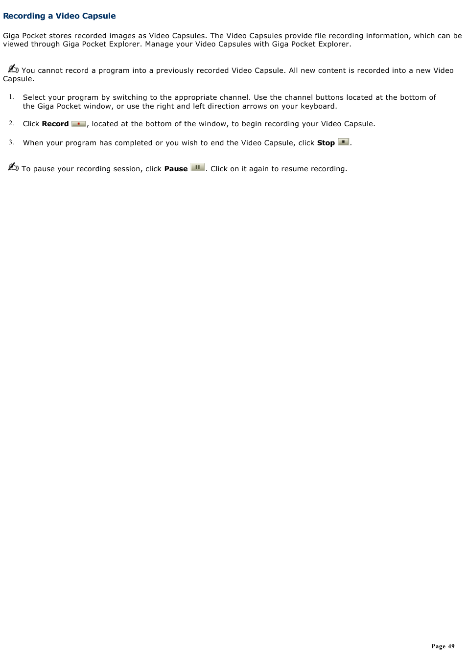 Recording a video capsule | Sony PCV-RS600CG User Manual | Page 49 / 182