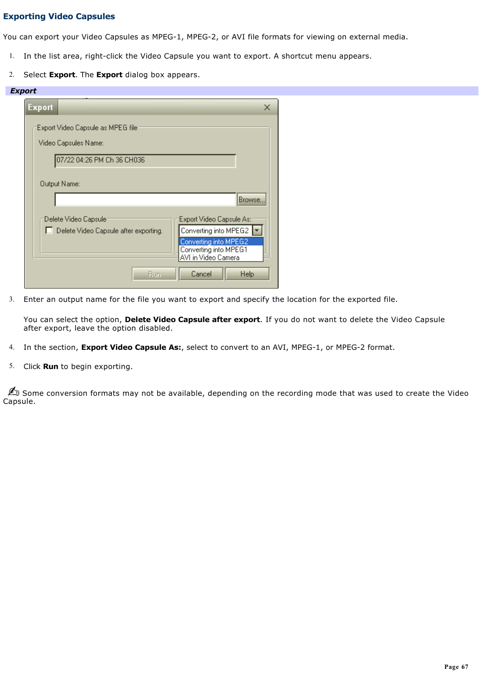 Exporting video capsules | Sony PCV-RS600CG User Manual | Page 67 / 182