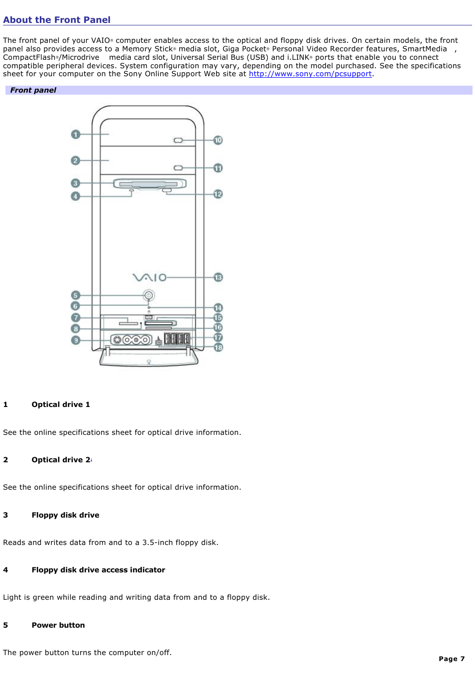 About the front panel | Sony PCV-RS600CG User Manual | Page 7 / 182