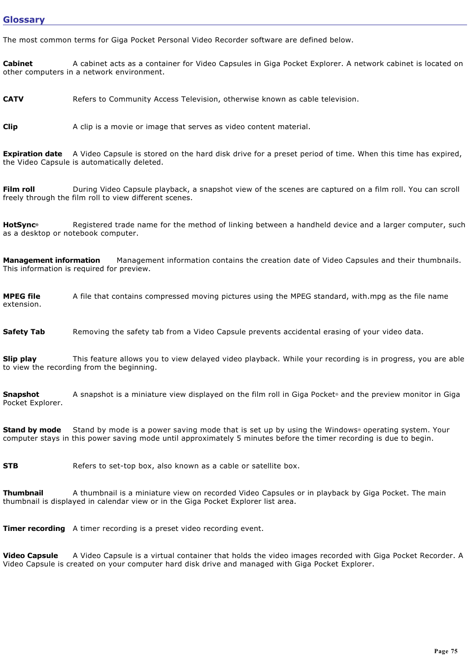 Glossary | Sony PCV-RS600CG User Manual | Page 75 / 182