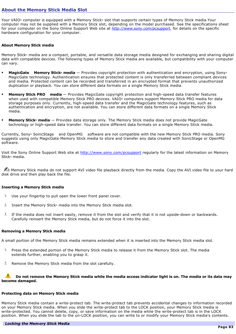 About the memory stick media slot | Sony PCV-RS600CG User Manual | Page 83 / 182