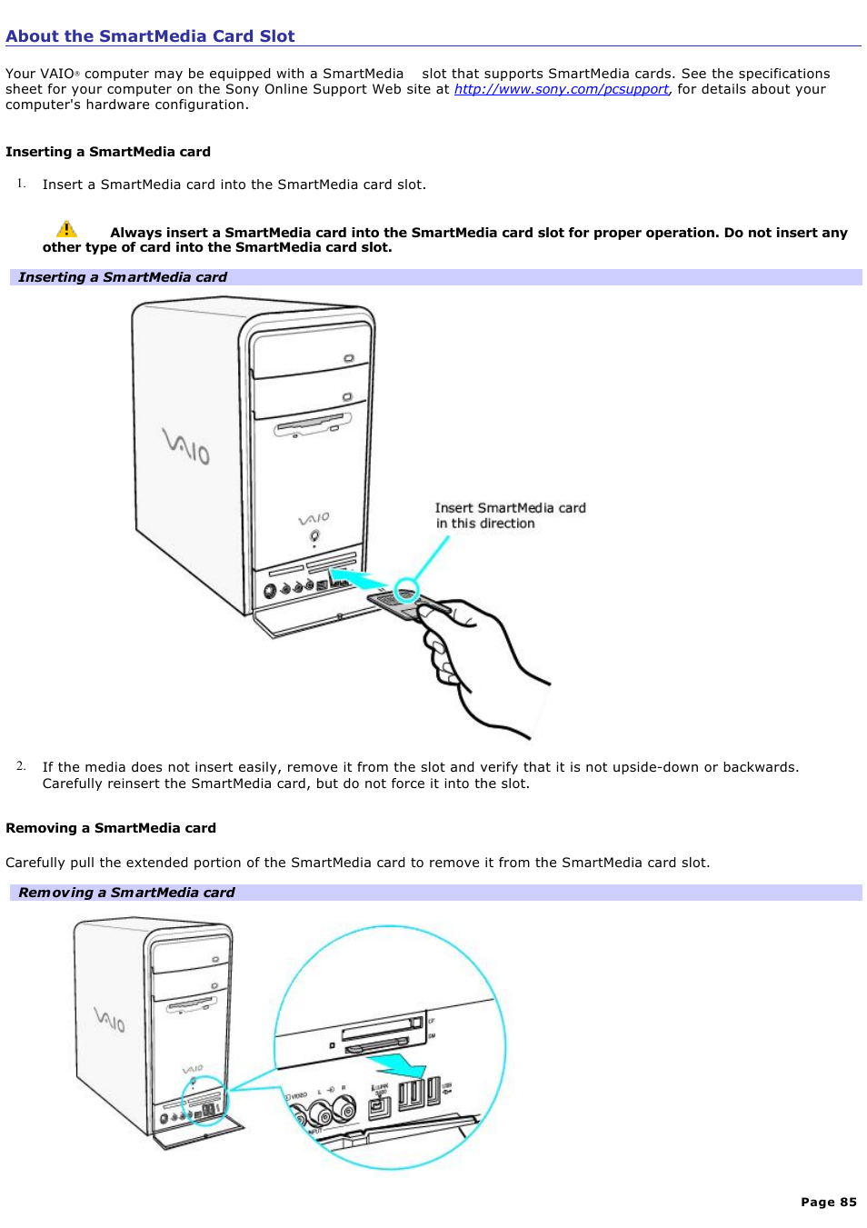 About the smartmedia card slot | Sony PCV-RS600CG User Manual | Page 85 / 182