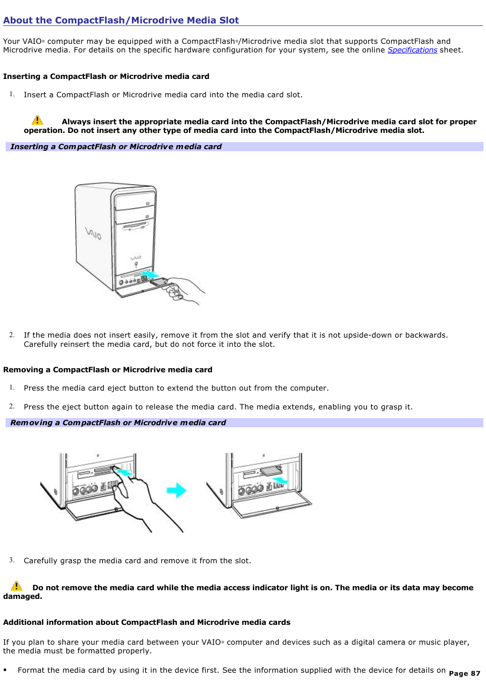 About the compactflash/microdrive media slot | Sony PCV-RS600CG User Manual | Page 87 / 182