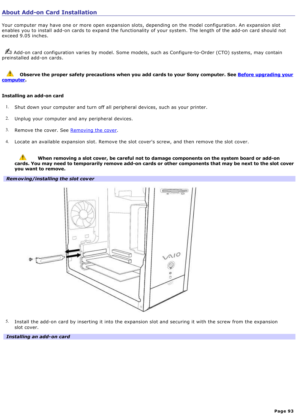 About add-on card installation | Sony PCV-RS600CG User Manual | Page 93 / 182