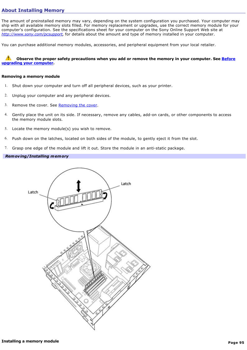 About installing memory | Sony PCV-RS600CG User Manual | Page 95 / 182