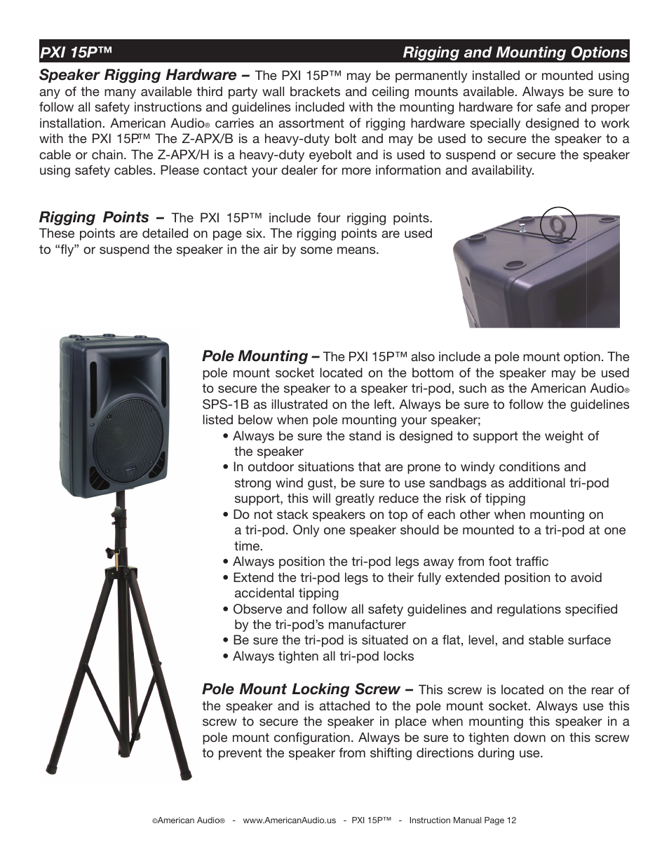Rigging points, Pole mounting, Pole mount locking screw | American Audio PXI 15P User Manual | Page 12 / 17