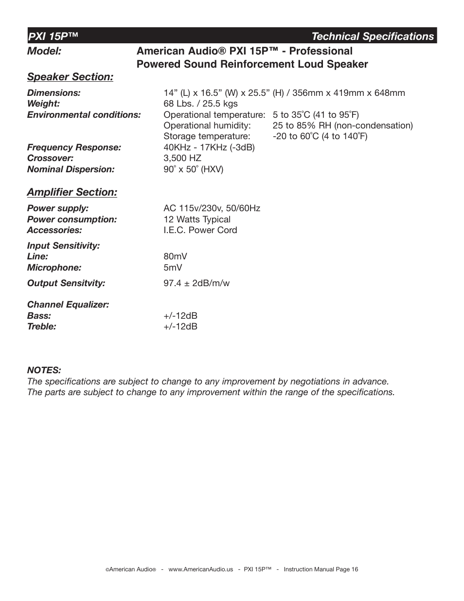 American Audio PXI 15P User Manual | Page 16 / 17