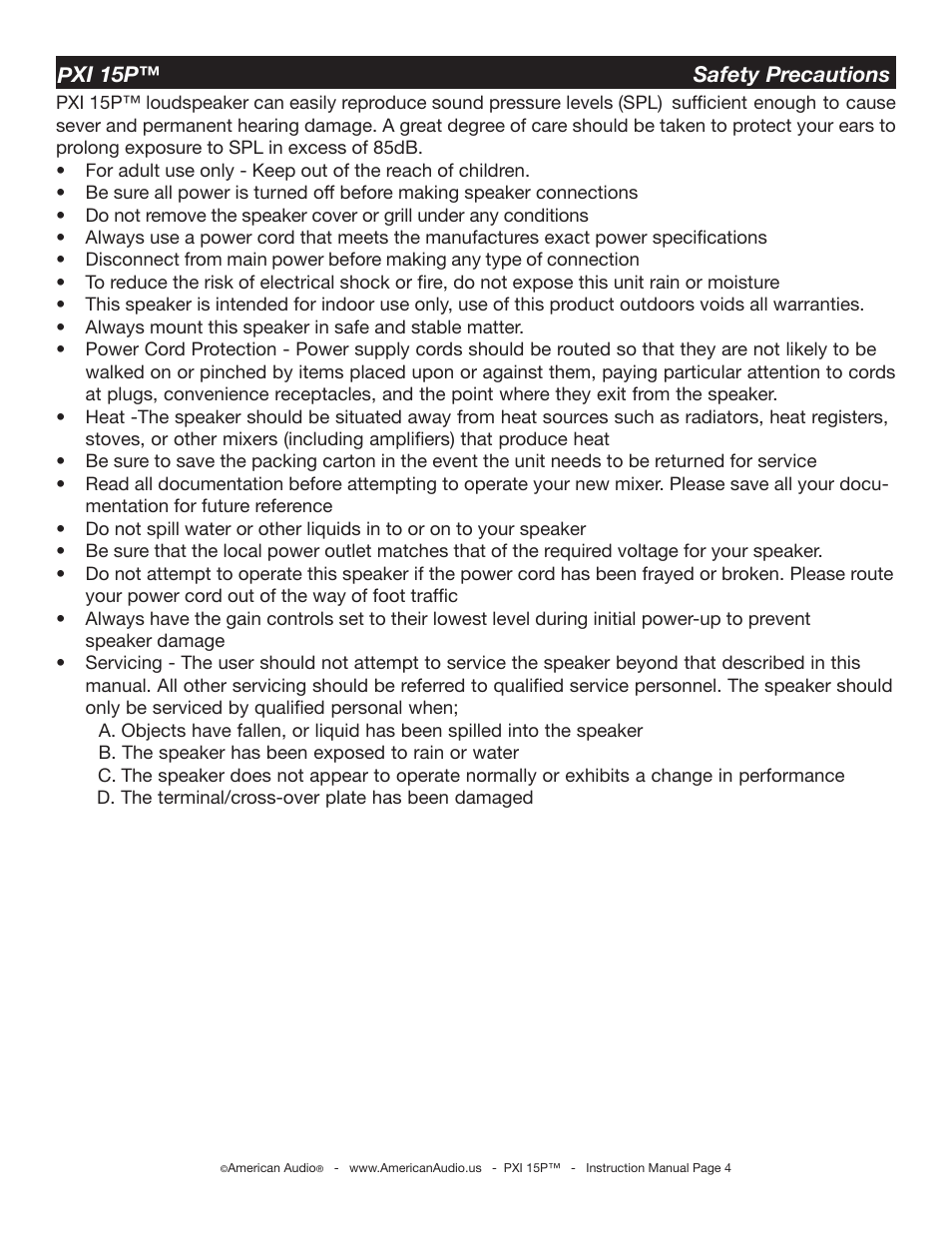 Pxi 15p™ safety precautions | American Audio PXI 15P User Manual | Page 4 / 17