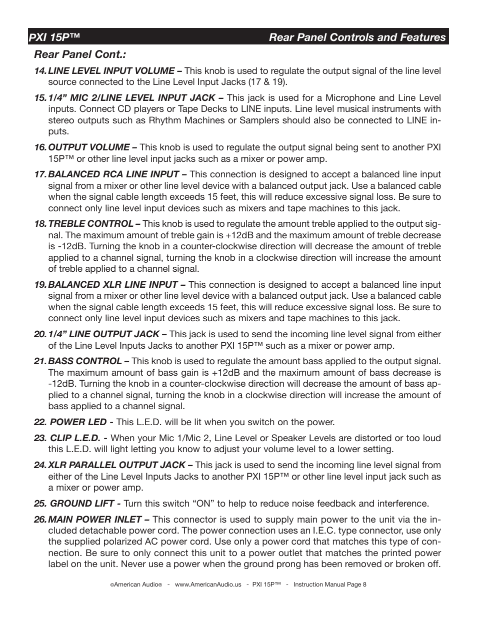 American Audio PXI 15P User Manual | Page 8 / 17