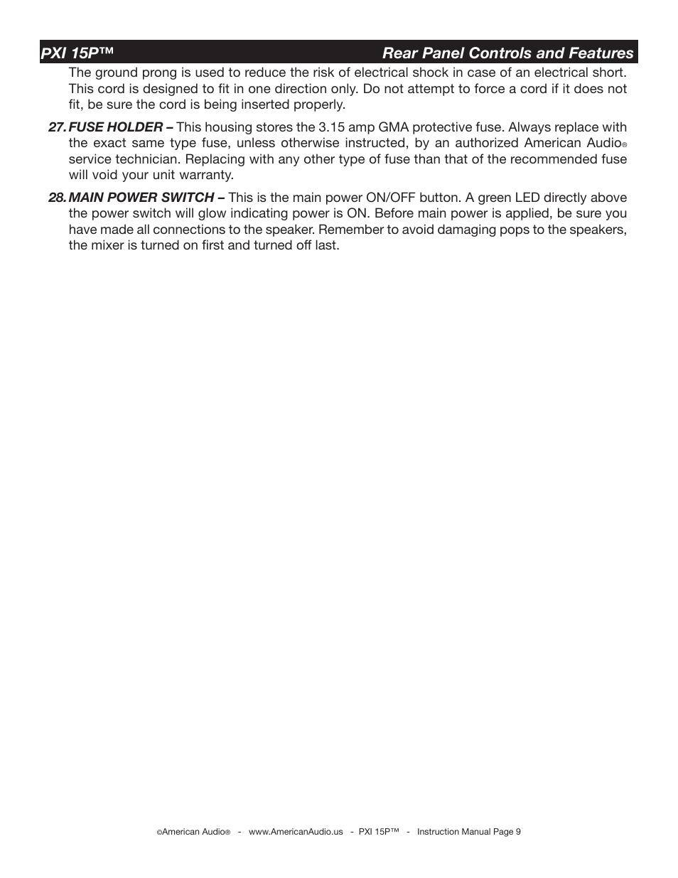 Pxi 15p™ rear panel controls and features | American Audio PXI 15P User Manual | Page 9 / 17