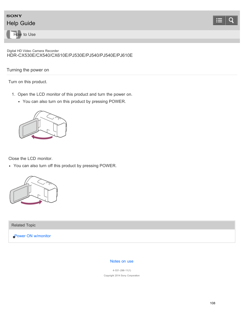 Turning the power on, Turn on this product, Help guide | Sony HDR-PJ540 User Manual | Page 119 / 394